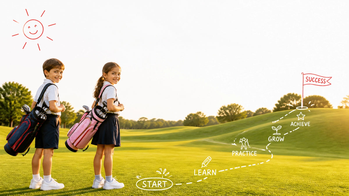 A young boy and girl in school uniform carrying golf bags on a sun-drenched course, with hand-drawn success roadmap lines.