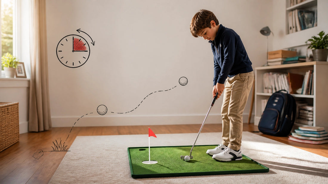 A child practising putting on a home mat after school, with a golf bag, books and a simple 15-minute clock nearby